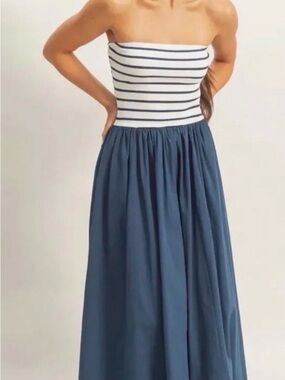 NWOT Double Zero Striped Bandeau Dress with Navy Maxi Skirt - Navy and White